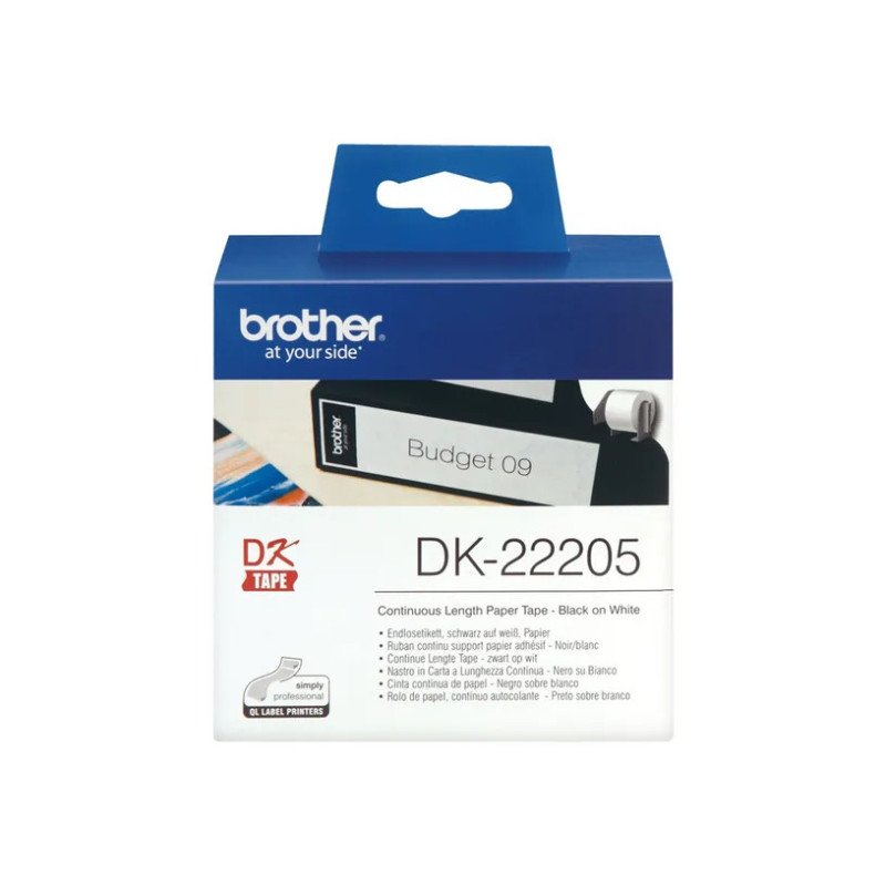 Ruban papier continu auto-adhésif Brother DK-22205 blanc (62 mm x 30,5 m)