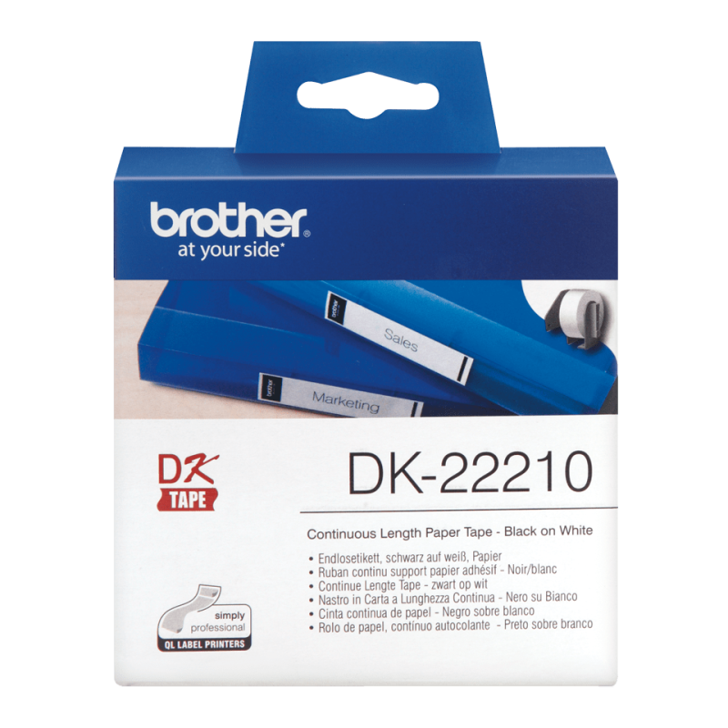 Ruban papier continu auto-adhésif Brother DK-22210 blanc (29 mm x 30,48 m)