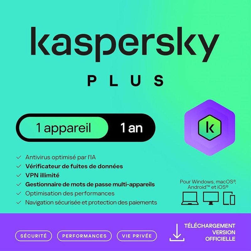 Kaspersky PLUS 2026 pour 1 poste/1 an licence numérique en téléchargement