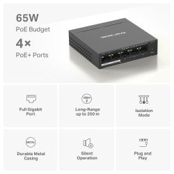 Switch réseau Gigabit 5 ports 10/100/1000 Mbps dont 4 PoE+ Mercusys MS105GP